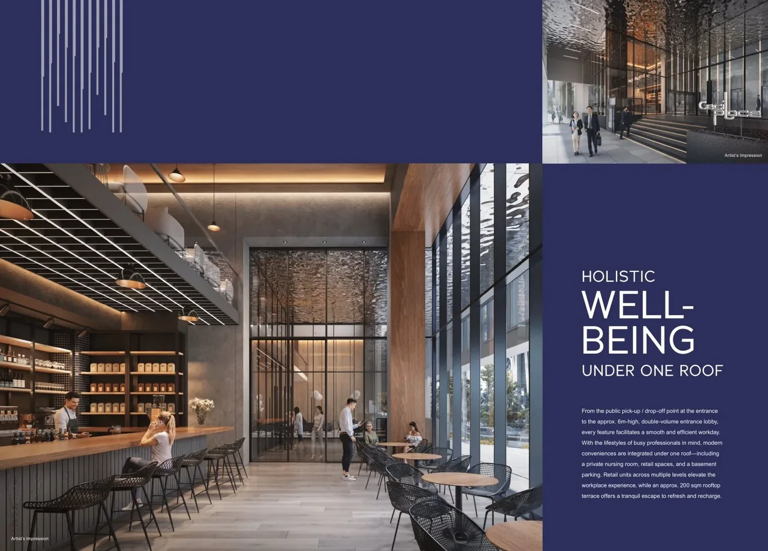 Double-volume entrance lobby and cafe at Cecil Place